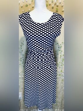 Enfocus Petite Dress 12P Black White Polka Dot Ruched Side Cap Sleeve Stretch